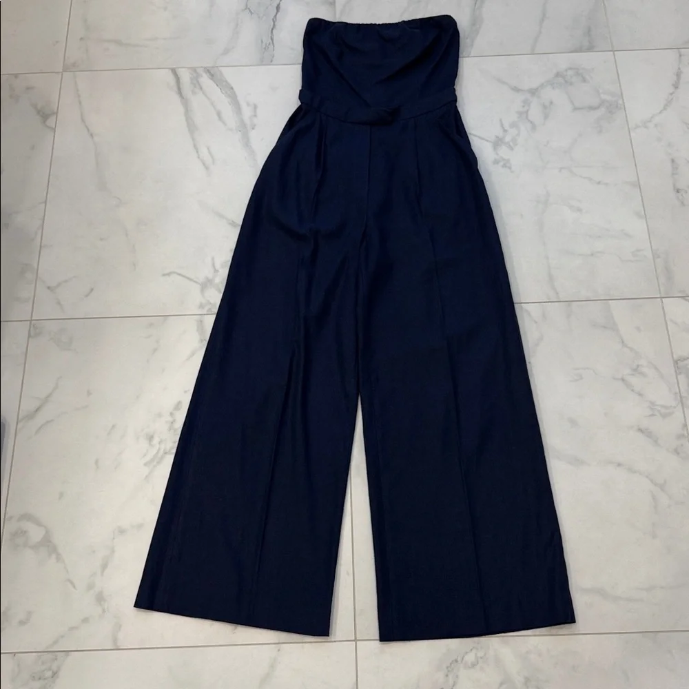 Zara Strapless Linen Blend Jumpsuit Straight
Neck Wide Leg Navy Boho Blogger - Picture 4 of 5